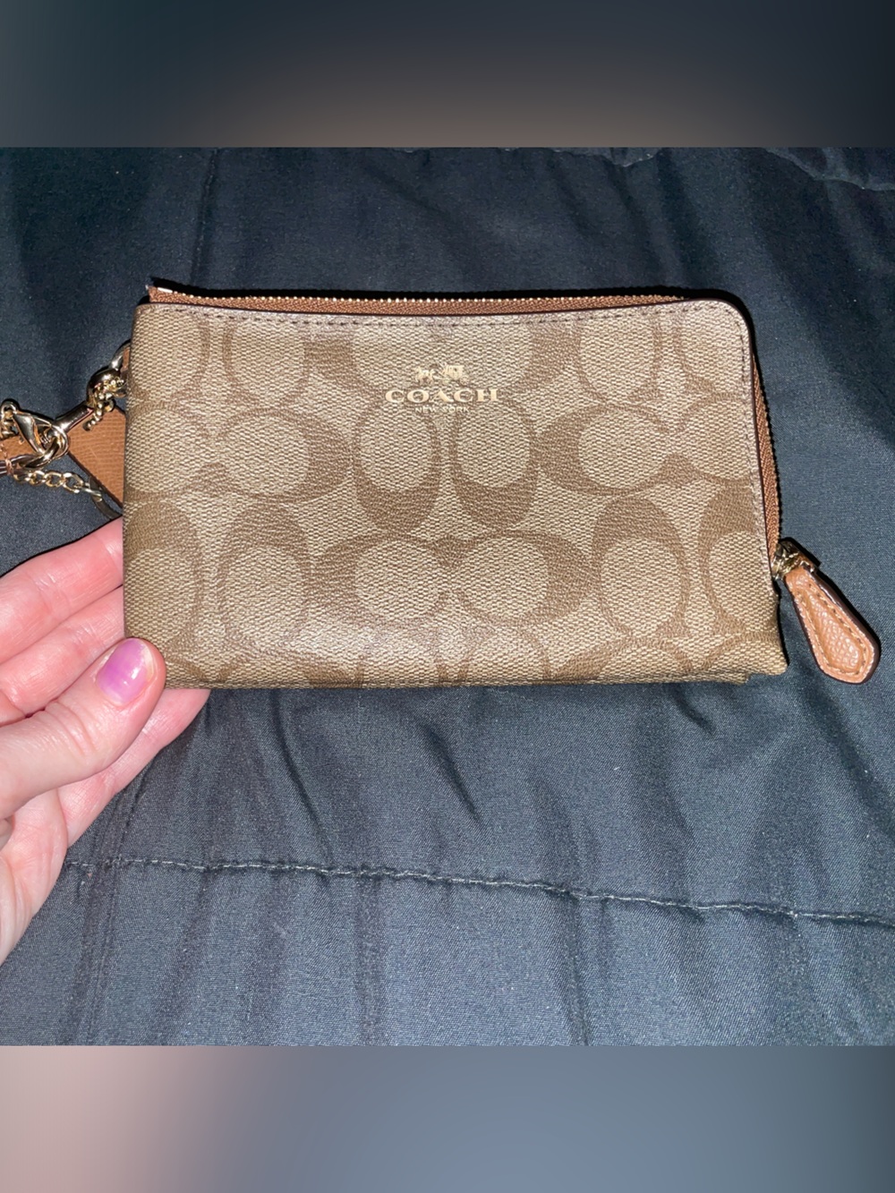 Coach Brown Signature Zip Wristlet with Removable Strap